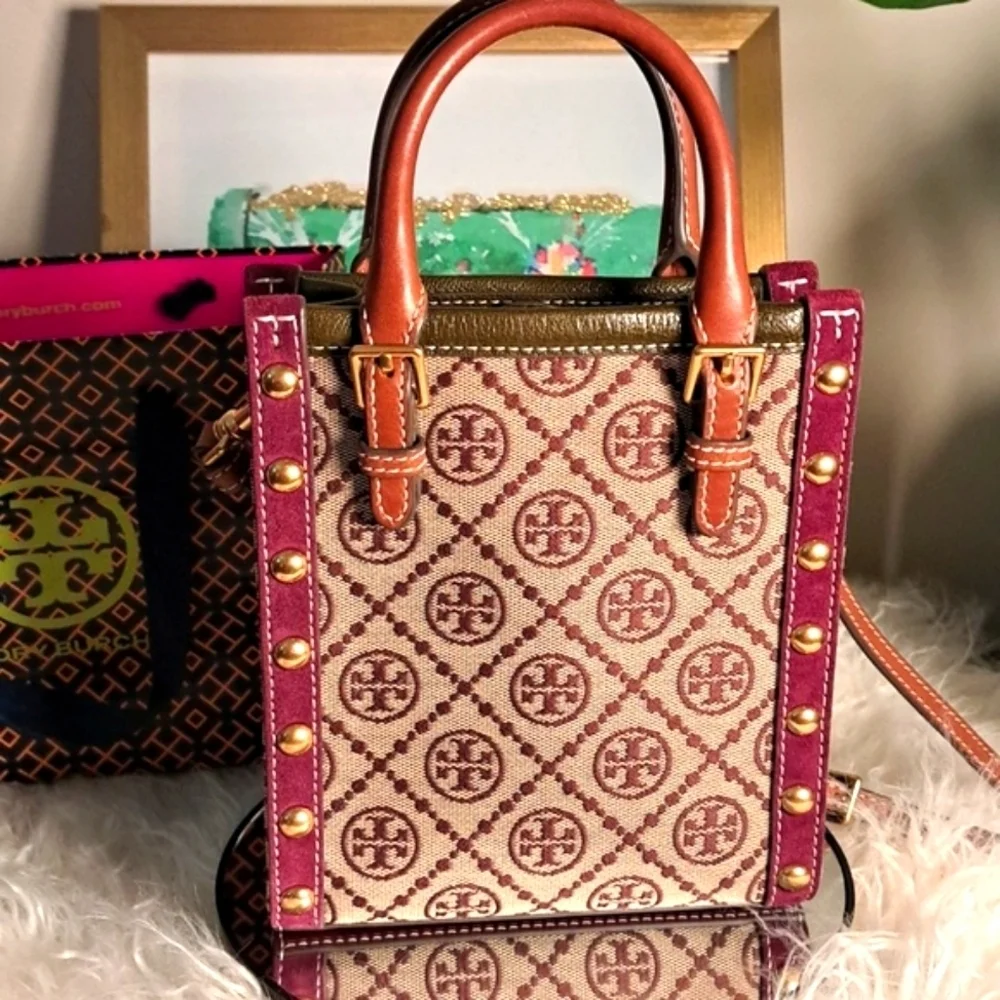Tory Burch NWOTs Mini T Monogram Jacquard Studded North-South Tote Bag